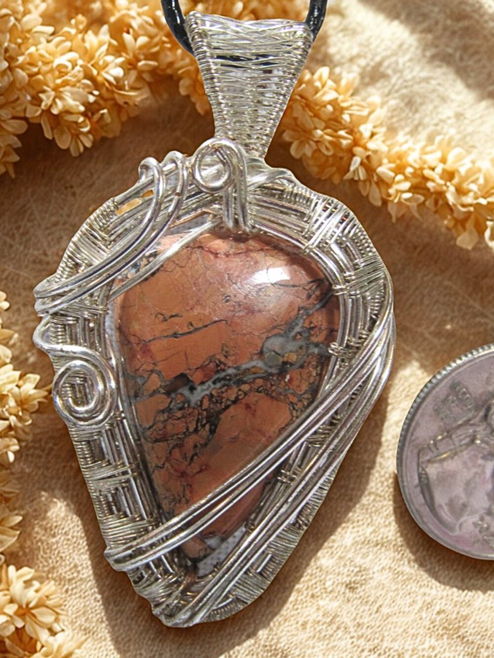 Handmade Wire Wrapped Maligano Jasper, Silver coated wire wrapped necklace - Picture 6 of 7